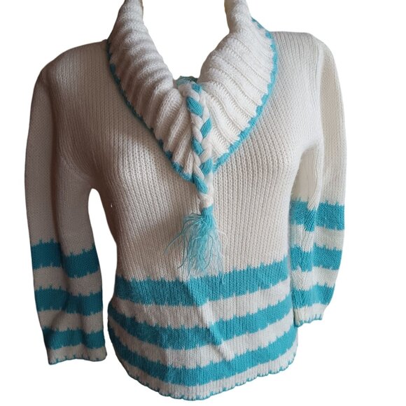 Small Vintage 1970's Sweater Aqua Striped Braided Detail & Tassels Acrylic Hippy - Picture 1 of 9